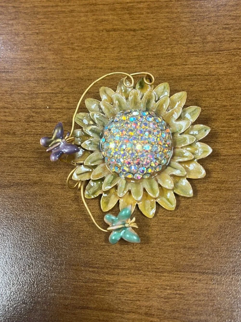 Sunflower Brooch AB Rhinestones Enamel Butterflies Gold Tone Large